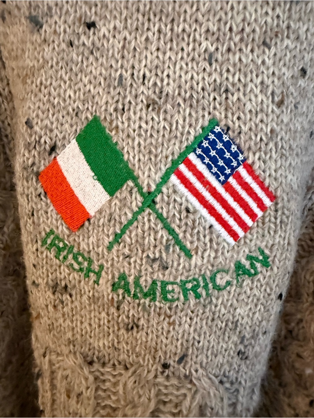 Carraig Donn Irish American Embroidered Cable Knit Sweater - Heather Taupe Color - Picture 5 of 6